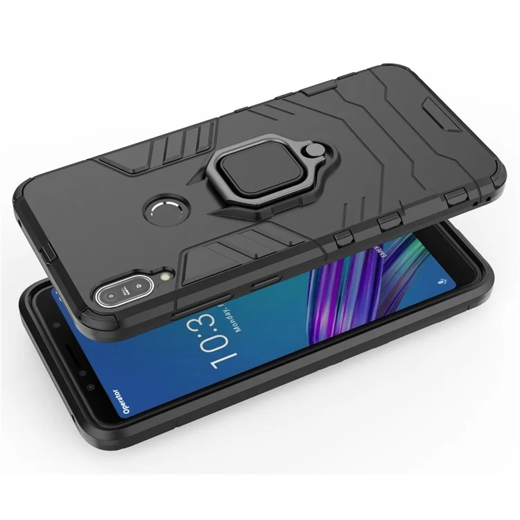 Cool Armor Guard Ring Holder Kickstand PC TPU Hybrid Cell Phone Case for Asus ZenFone Max Pro (M1) ZB602KL - Black