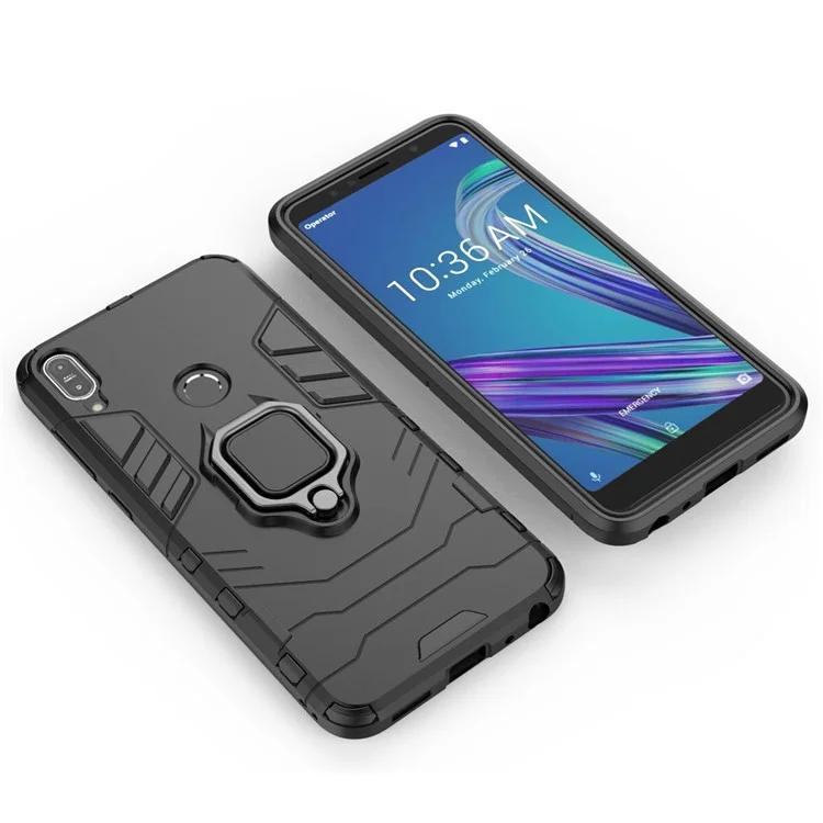 Cool Armor Guard Ring Holder Kickstand PC TPU Hybrid Cell Phone Case for Asus ZenFone Max Pro (M1) ZB602KL - Black