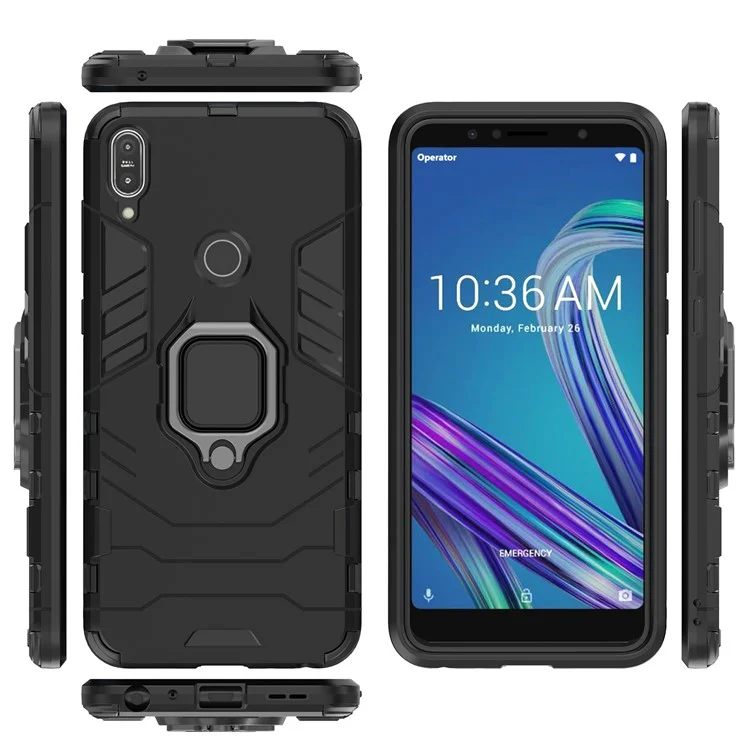 Cool Armor Guard Ring Holder Kickstand PC TPU Hybrid Cell Phone Case for Asus ZenFone Max Pro (M1) ZB602KL - Black