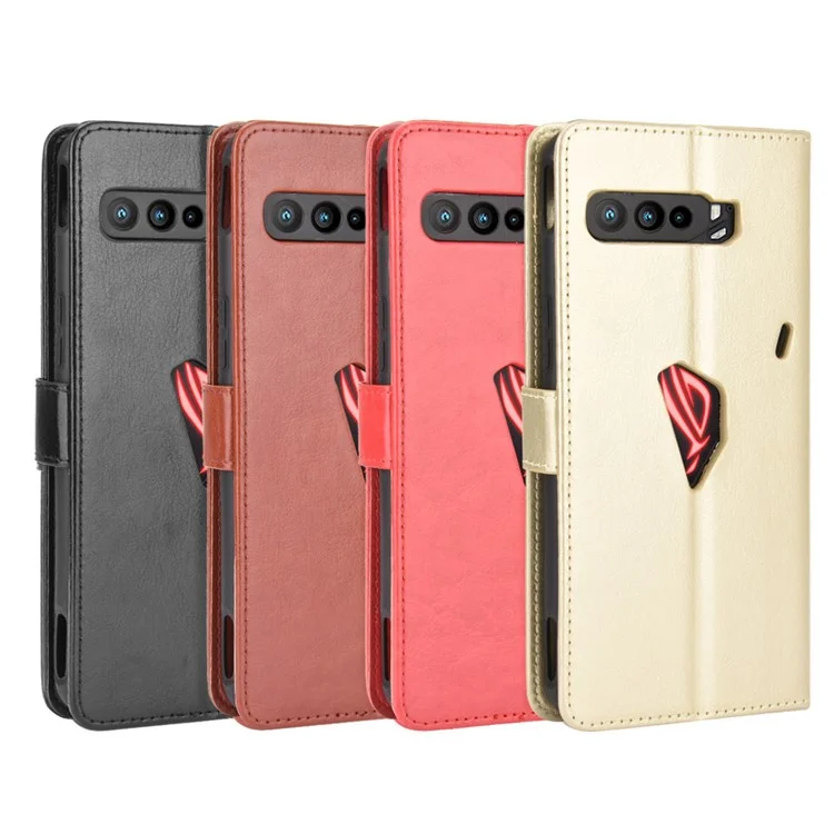 Funda para teléfono con soporte y ranuras para tarjetas, de cuero con textura Crazy Horse y agujero con logotipo, para Asus ROG Phone 3/ZS661KS/ROG Phone 3 Strix - Negro