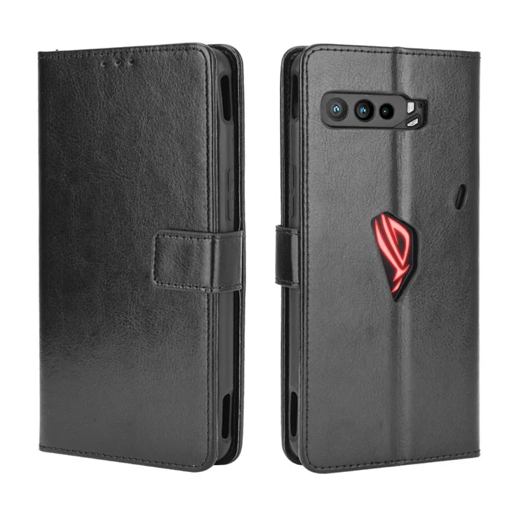 Funda para teléfono con soporte y ranuras para tarjetas, de cuero con textura Crazy Horse y agujero con logotipo, para Asus ROG Phone 3/ZS661KS/ROG Phone 3 Strix - Negro