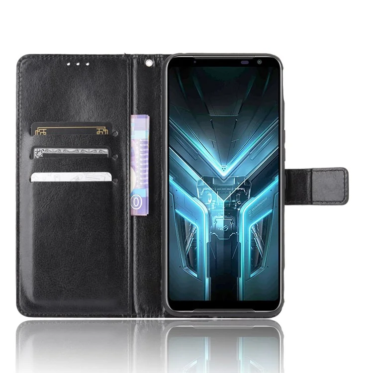 Funda para teléfono con soporte y ranuras para tarjetas, de cuero con textura Crazy Horse y agujero con logotipo, para Asus ROG Phone 3/ZS661KS/ROG Phone 3 Strix - Negro