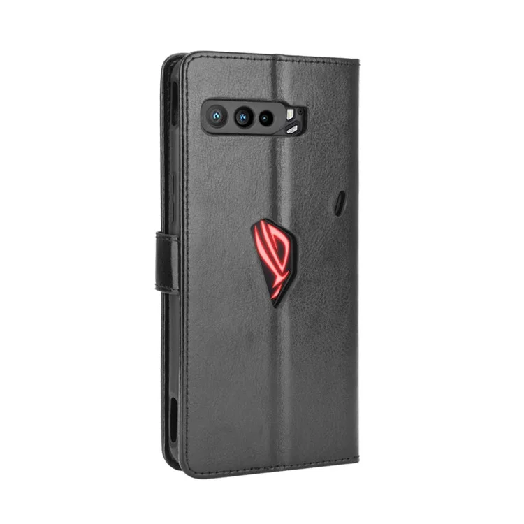 Funda para teléfono con soporte y ranuras para tarjetas, de cuero con textura Crazy Horse y agujero con logotipo, para Asus ROG Phone 3/ZS661KS/ROG Phone 3 Strix - Negro