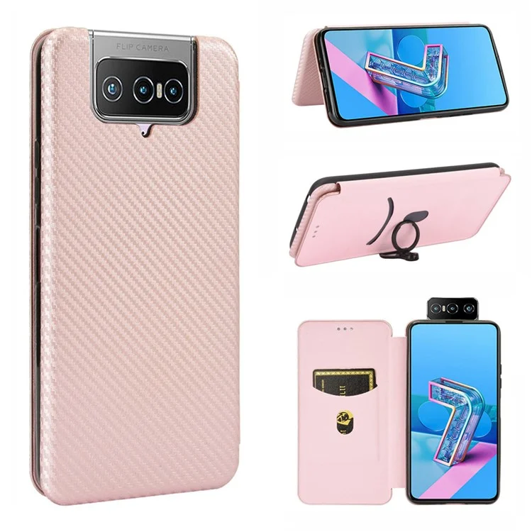 Auto-absorbed Carbon Fiber Texture Stand Leather Case with Card Slot for Asus Zenfone 7 ZS670KS/7 Pro ZS671KS - Pink