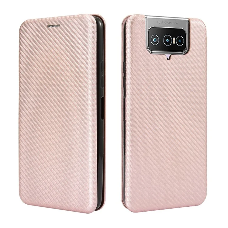 Auto-absorbed Carbon Fiber Texture Stand Leather Case with Card Slot for Asus Zenfone 7 ZS670KS/7 Pro ZS671KS - Pink