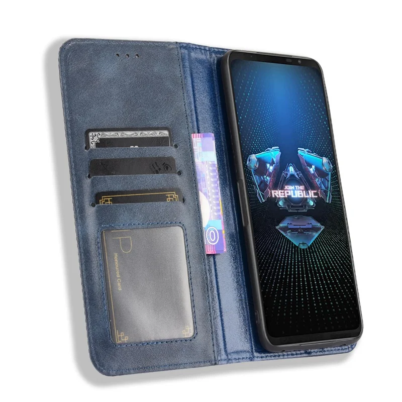 Cierre Magnético Vintage Estilo Estuche Teléfono Cartera Soporte CUBIERTA DE CUERO PARA ASUS ROG TELÉFONO 5 - Azul