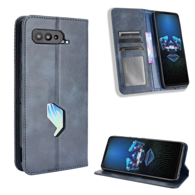 Cierre Magnético Vintage Estilo Estuche Teléfono Cartera Soporte CUBIERTA DE CUERO PARA ASUS ROG TELÉFONO 5 - Azul