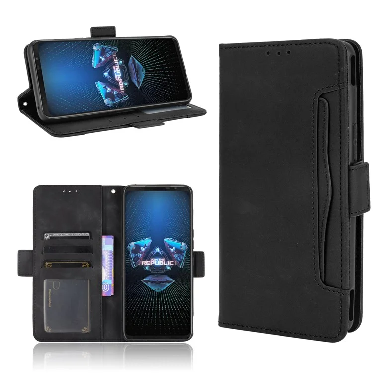 Leather Wallet Protective Case with Multiple Card Slots for Asus ROG Phone 5 - Black