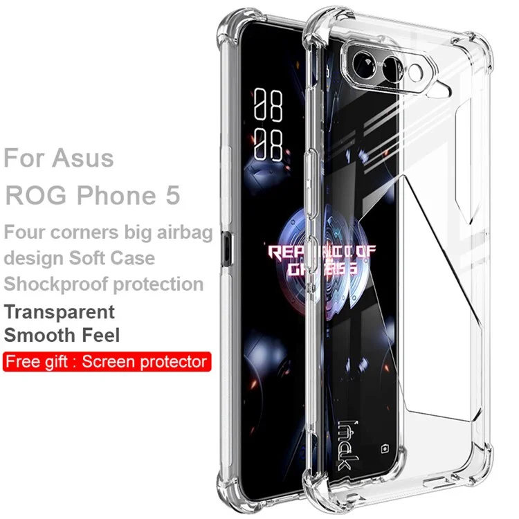 IMAK Well-Protected Flexible TPU Case with High Transparency Screen Protector for Asus ROG Phone 5/5 Pro/5 Ultimate - Transparent