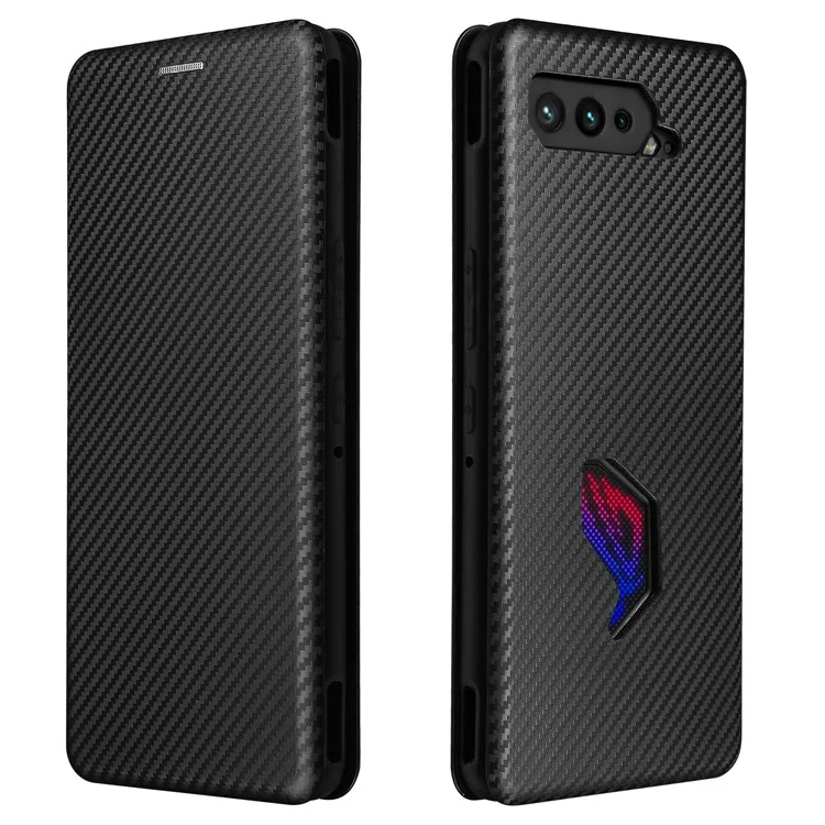 Carbon Fiber Texture Cell Phone Stand Cover for Asus ROG Phone 5 Auto-absorbed Leather Case - Black