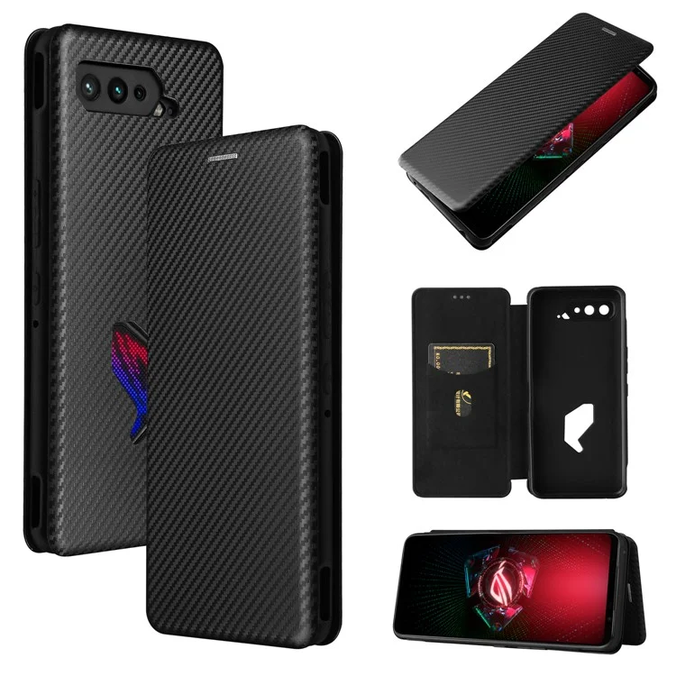 Kohlefaser-textur-mobiltelefon-standabdeckung Für Asus Rog Phone 5 Automatisch Absorbierte Ledertasche - Schwarz