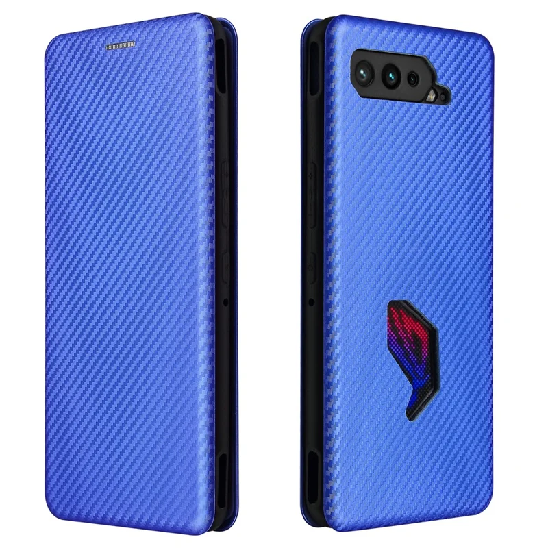 Carbon Fiber Texture Cell Phone Stand Cover for Asus ROG Phone 5 Auto-absorbed Leather Case - Blue