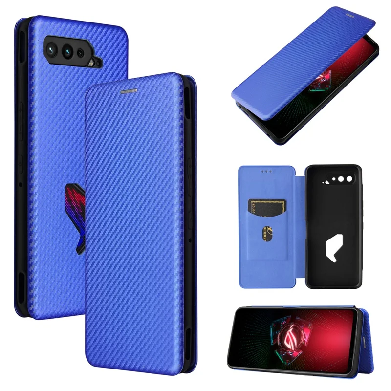 Carbon Fiber Texture Cell Phone Stand Cover for Asus ROG Phone 5 Auto-absorbed Leather Case - Blue