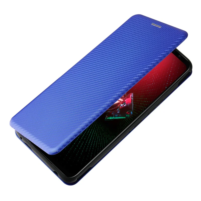 Carbon Fiber Texture Cell Phone Stand Cover for Asus ROG Phone 5 Auto-absorbed Leather Case - Blue