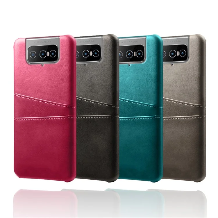 KSQ Leder beschichtete PC-Schutzhülle für Mobiltelefone mit doppeltem Kartenfach für Asus Zenfone 8 Flip - Schwarz