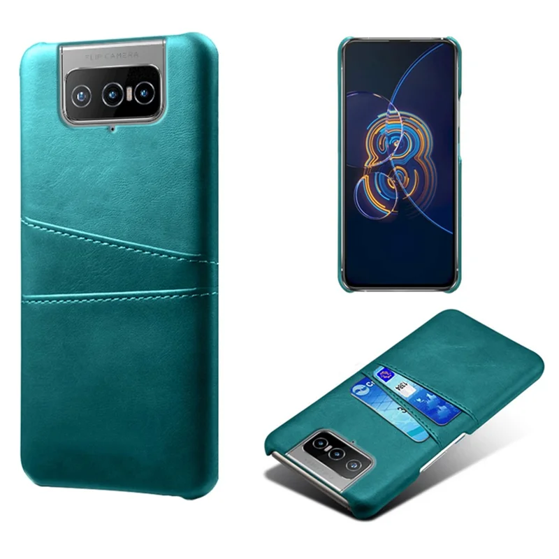 KSQ Leather Coated PC Case Mobile Phone Protective Case Shell with Dual Card Holder for Asus Zenfone 8 Flip - Green