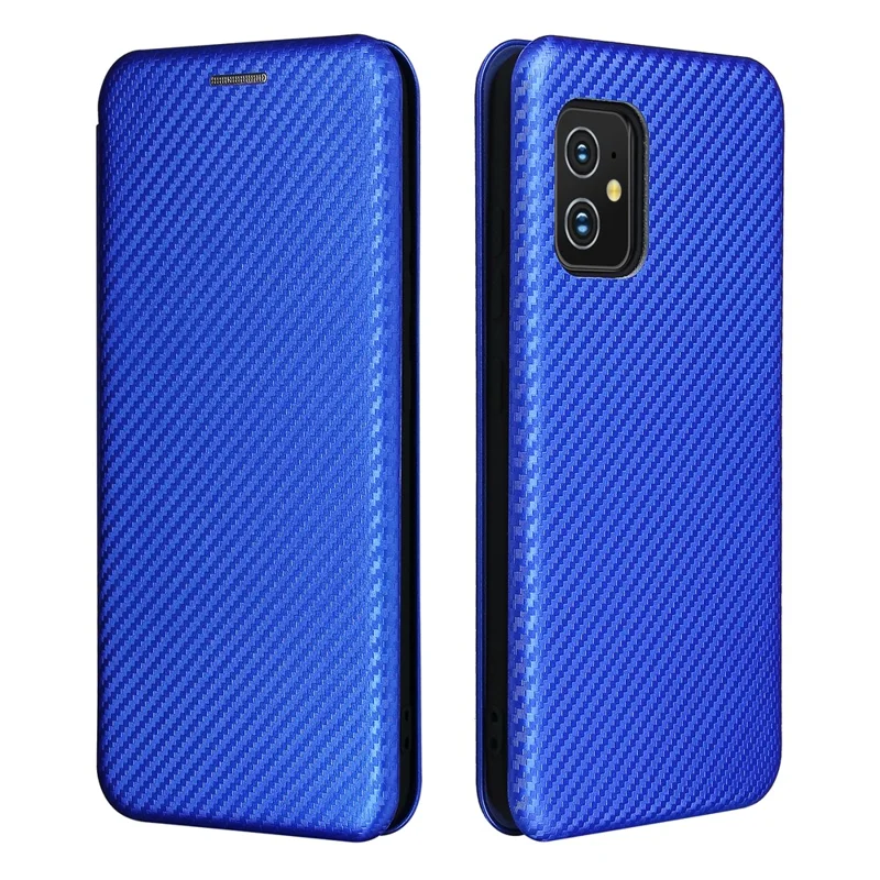 Carbon Fiber Texture Auto-absorbed Leather Cell Phone Case Shell with Card Holder for Asus Zenfone 8 - Blue