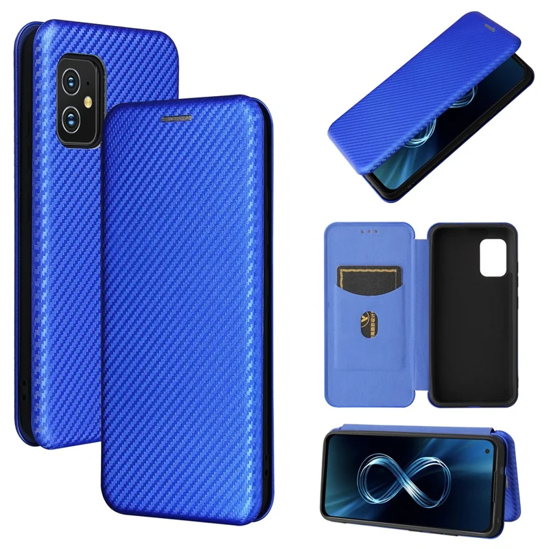 Carbon Fiber Texture Auto-absorbed Leather Cell Phone Case Shell with Card Holder for Asus Zenfone 8 - Blue