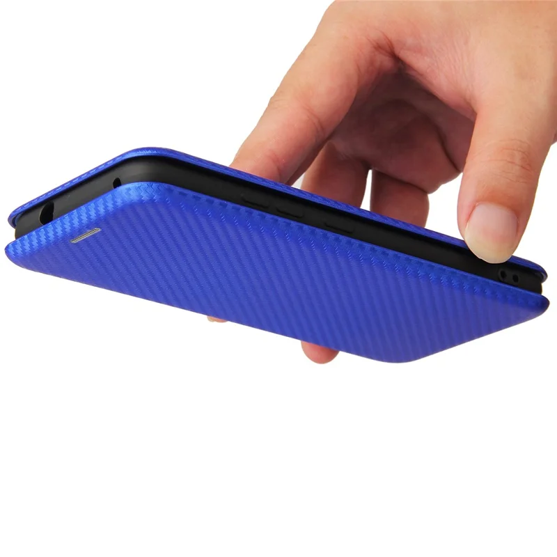 Carbon Fiber Texture Auto-absorbed Leather Cell Phone Case Shell with Card Holder for Asus Zenfone 8 - Blue