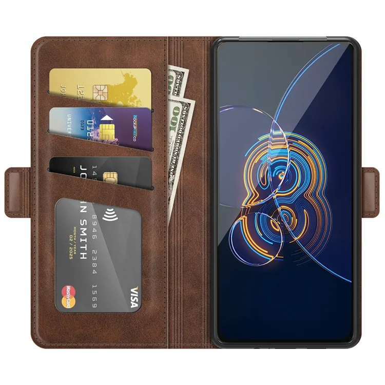 PU Leather Full Protection Wallet Cover Stand Case with Magnetic Double Clasp for Asus Zenfone 8 Flip - Coffee