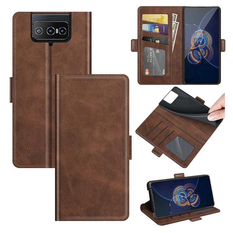 PU Leather Full Protection Wallet Cover Stand Case with Magnetic Double Clasp for Asus Zenfone 8 Flip - Coffee