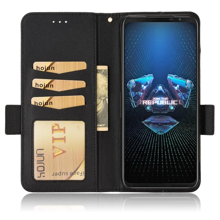 For Asus ROG Phone 5 / ROG Phone 5s / ZS676KS / ZS673KS Litchi Texture PU Leather Phone Case Magnetic Closure Wallet Stand Flip Shockproof Cover - Black