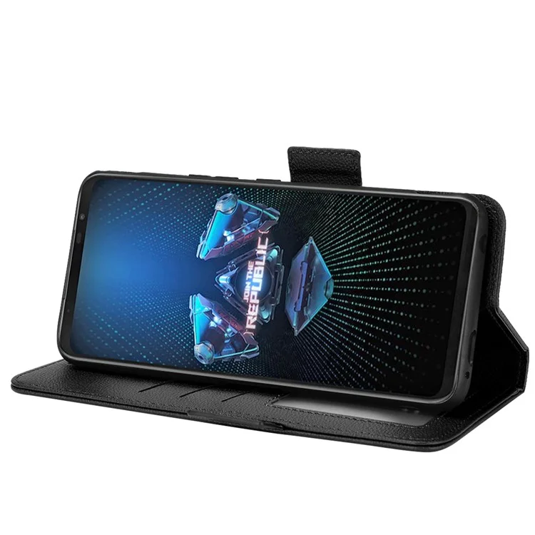 For Asus ROG Phone 5 / ROG Phone 5s / ZS676KS / ZS673KS Litchi Texture PU Leather Phone Case Magnetic Closure Wallet Stand Flip Shockproof Cover - Black