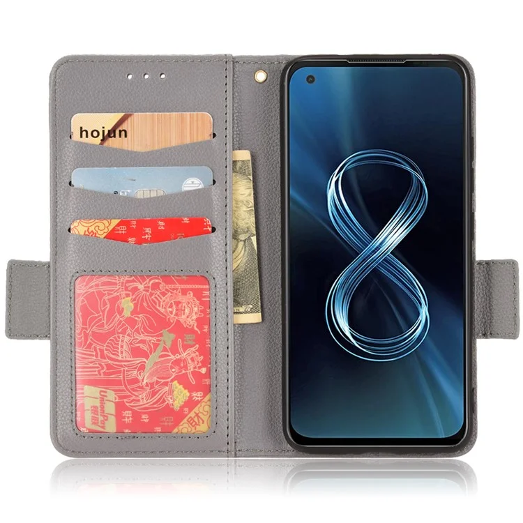 Para Asus Zenfone 8 ZS590KS / Zenfone 8Z Funda de teléfono de cuero con textura de litchi PU Funda protectora de cuero Cartera con soporte - Gris