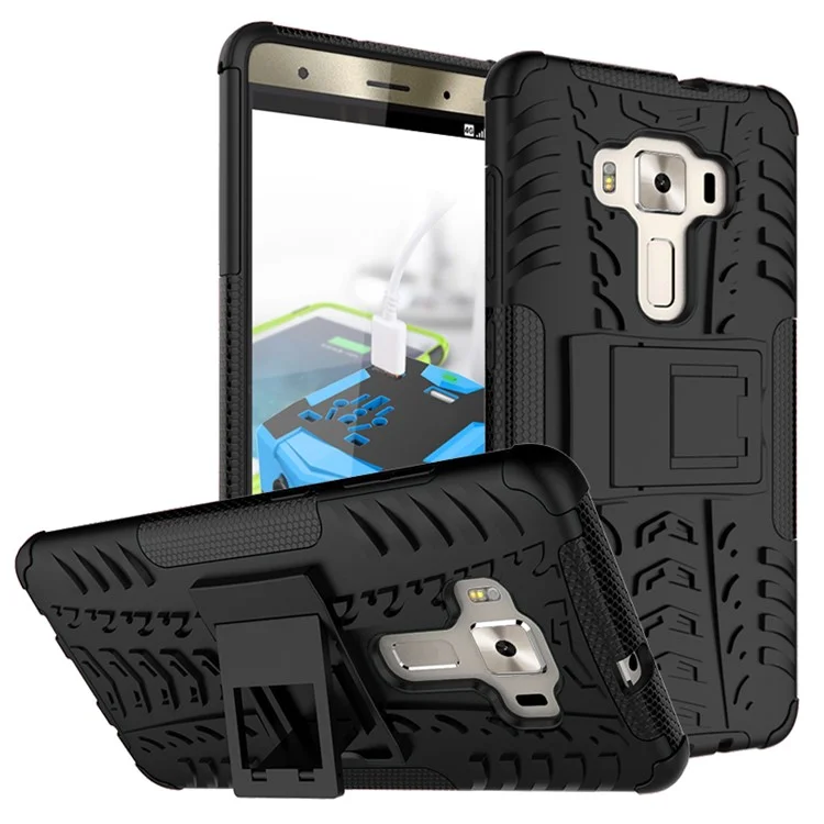 Anti-slip PC + TPU Hybrid Case with Kickstand for Asus Zenfone 3 Deluxe ZS570KL - Black