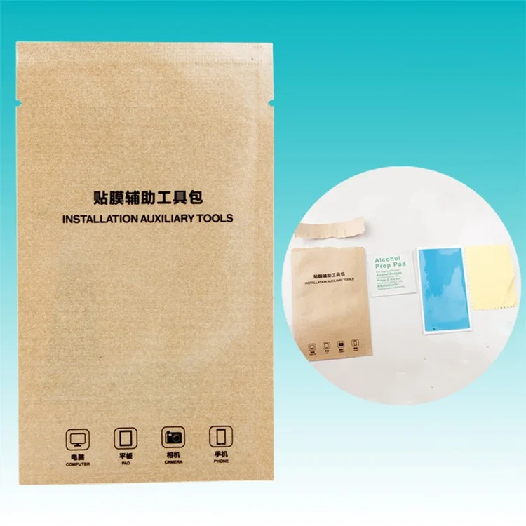 100Pcs/Pack Kraft Paper Tempered Glass Installation Auxiliary Tool (Blue Sticker + Alcohol Prep Pad + Cleaning Cloth)