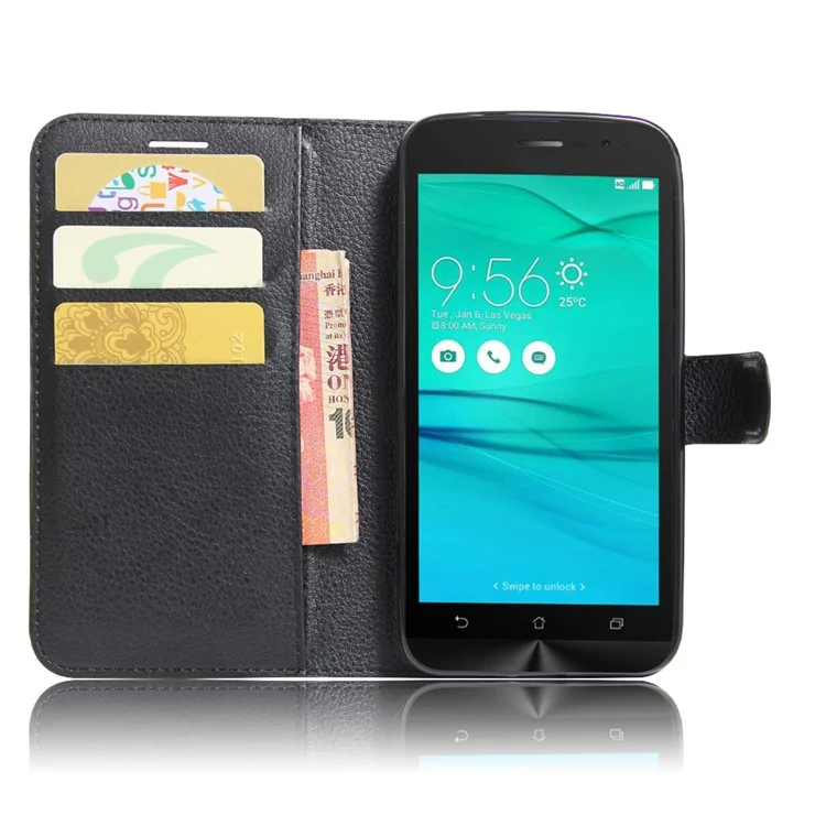 Lychee Skin Leather Wallet Case for Asus Zenfone Go ZB500KL ZB500KG - Black