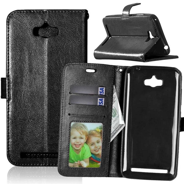 3 Card Slots Crazy Horse Wallet Leather Case Stand for Asus Zenfone Max ZC550KL - Black