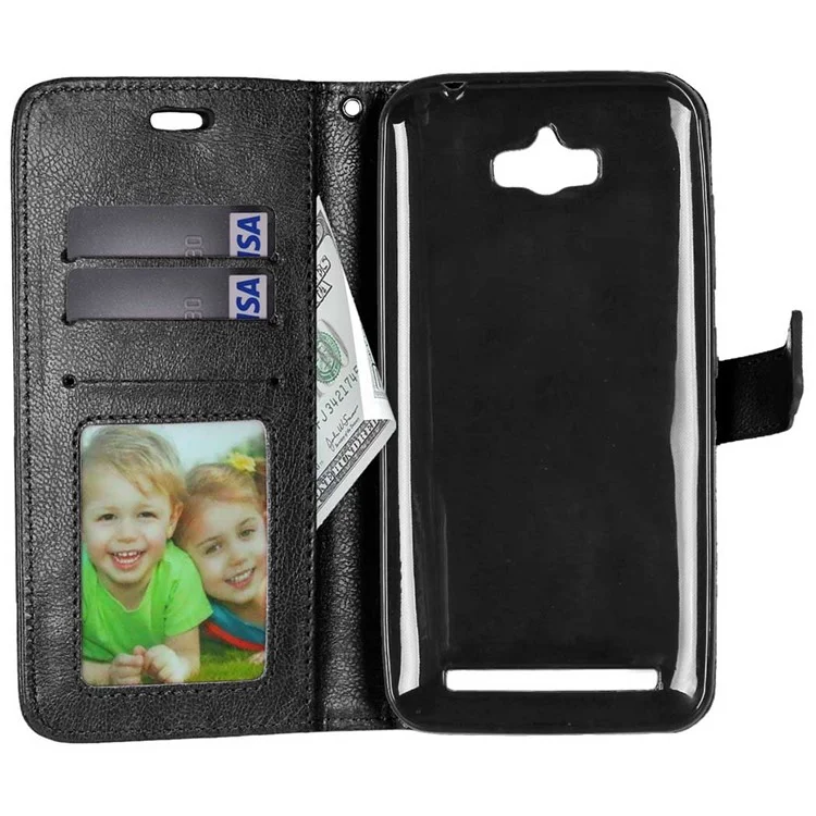 3 Card Slots Crazy Horse Wallet Leather Case Stand for Asus Zenfone Max ZC550KL - Black
