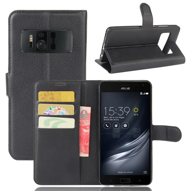 Litchi Skin Wallet Leather Stand Case for Asus Zenfone AR ZS571KL - Black