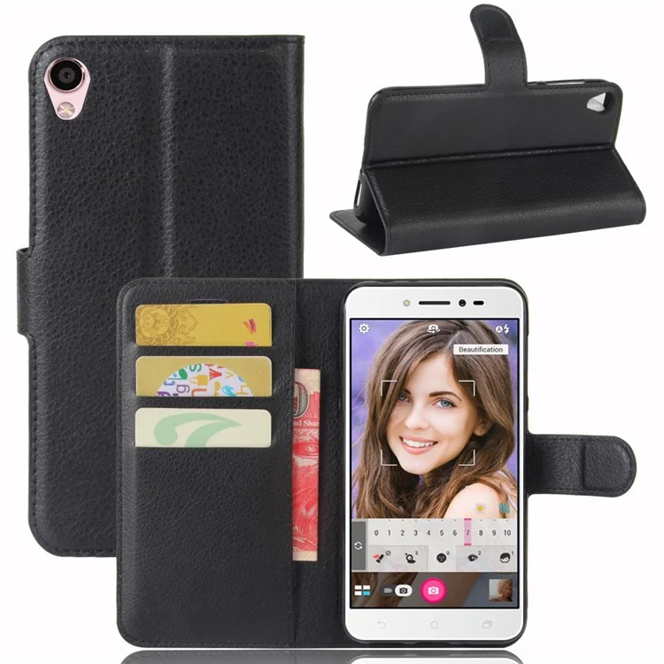 Litchi Skin Leather Wallet Case for Asus Zenfone Live ZB501KL - Black