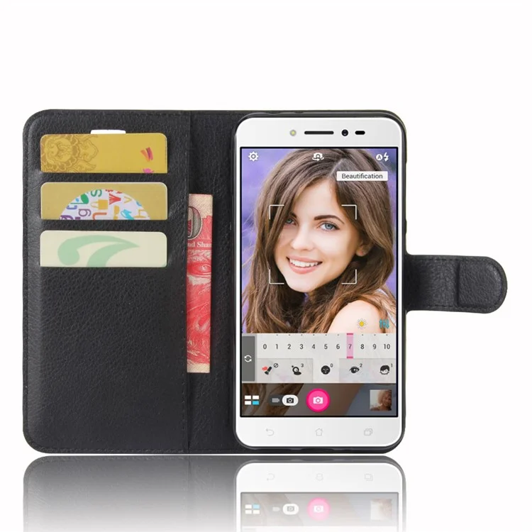 Litchi Skin Leather Wallet Case for Asus Zenfone Live ZB501KL - Black