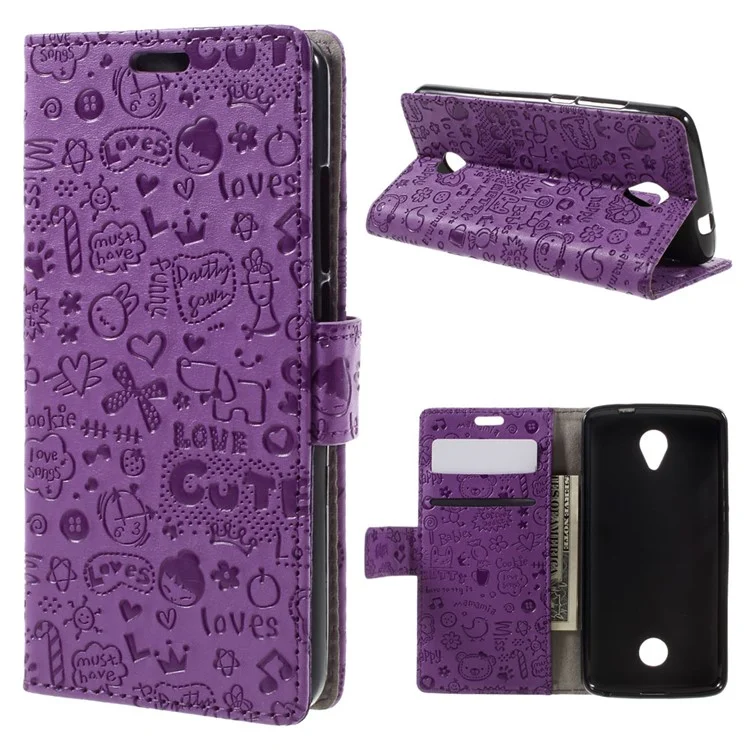 Cartoon Patterns Leather Case Card Holder for Acer Liquid Zest Z525 Z528 - Purple