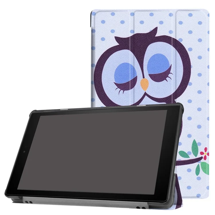 Pattern Printing Leather Tri-fold Stand Case for Amazon Fire HD 10 (2017) - Owl Napping on Branch