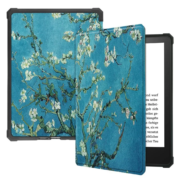 Pattern Printing PU Leather Shockproof Shell Smart Cover with Auto Wake / Sleep for Amazon Kindle Paperwhite 5 (2021) - Apricot Flower