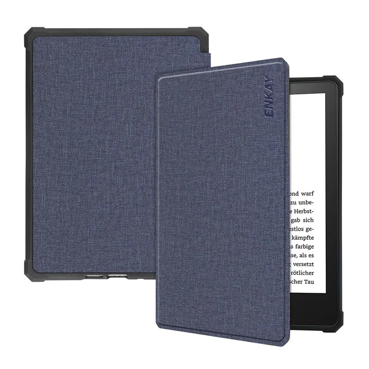 ENKAY HAT PRINCE For Amazon Kindle Paperwhite 5 (2021) Jean Cloth Texture Leather Cover with Auto Wake / Sleep - Dark Blue