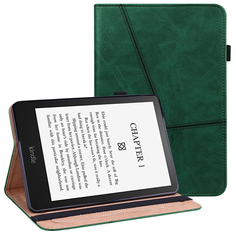 Line Imprinted Folio Stand PU Leather Auto Wake/Sleep Tablet Case with Card Slots for Amazon Kindle Paperwhite 5 (2021) - Green