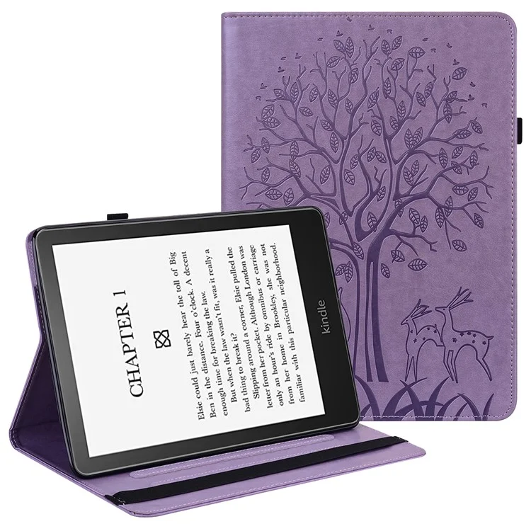 Tree Deer Imprinted PU Leather Stand Smart Auto Sleep / Wake Case mit Kartensteckplätzen für Amazon Kindle Paperwhite 5 (2021) - Lila