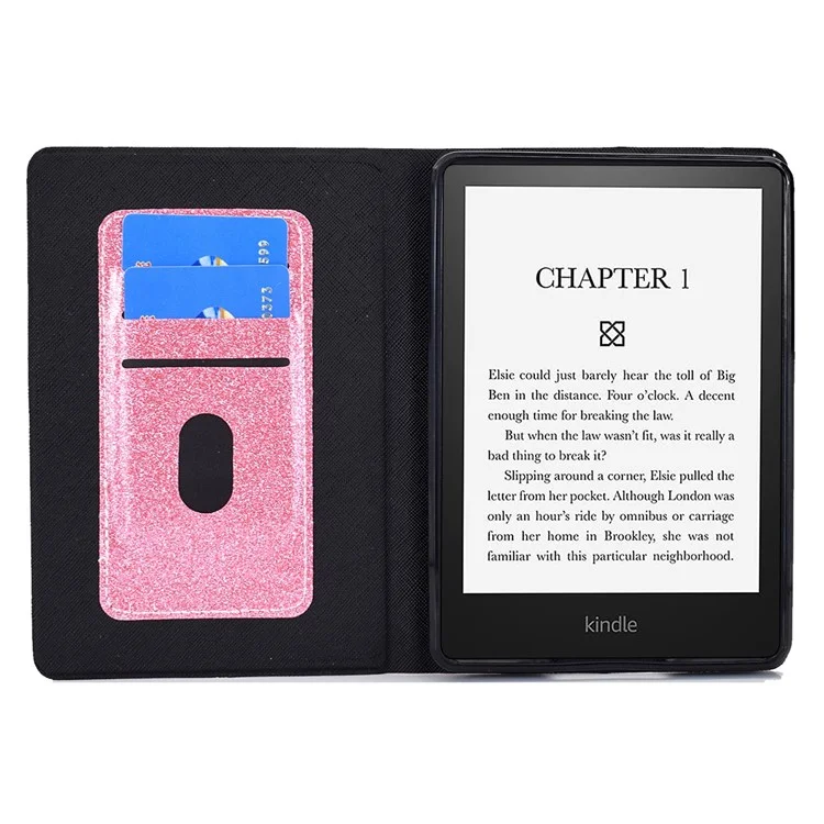 Glitzernder Pulver PU Leder Schockdichte Folio Stand Cover Protektor Mit Kartenschlitzen Für Amazon Kindle Paperwhite 5 (2021) - Rosa