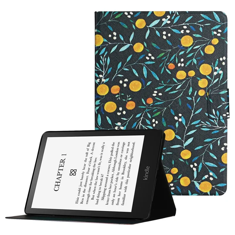 Patroonprint met kaartslots PU lederen hoes standaardcover voor Amazon Kindle Paperwhite 5 (2021) - Gele fruit
