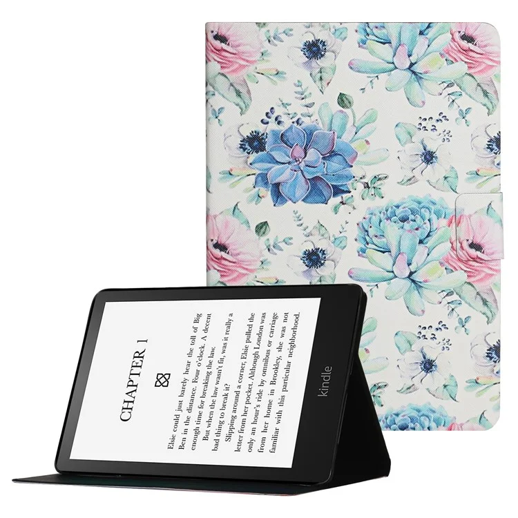 Узорная печать Слоты для карт PU Кожаный чехол-подставка для Amazon Kindle Paperwhite 5 (2021) - Синий цветок