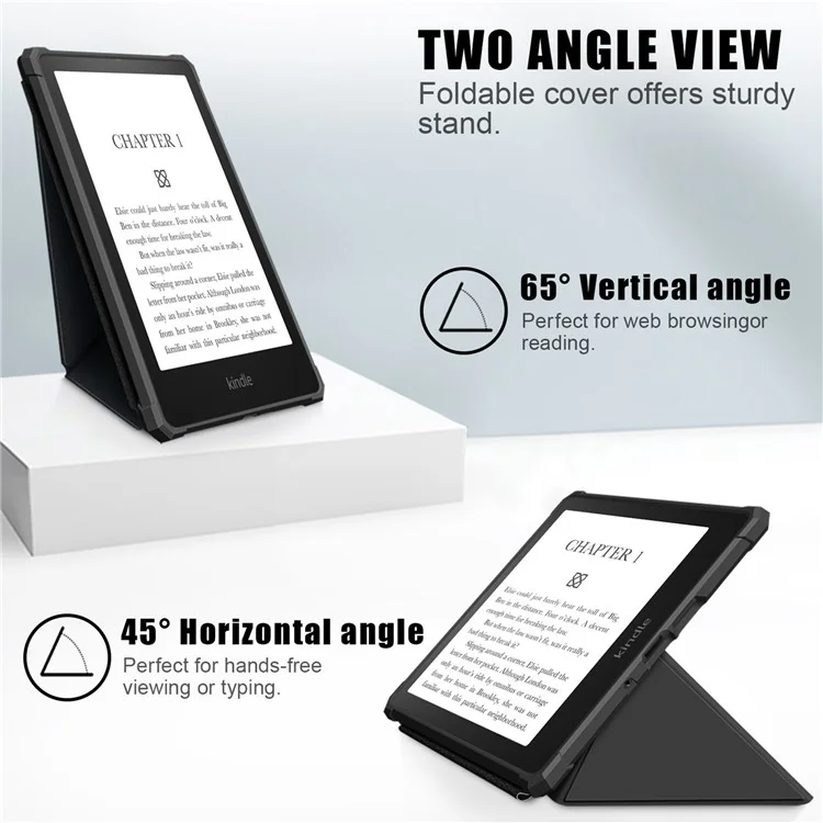 For Amazon Kindle Paperwhite (2021) Origami Dual-Angle Stand Design Smart Wake/Sleep Case Magnetic Absorbing - Black