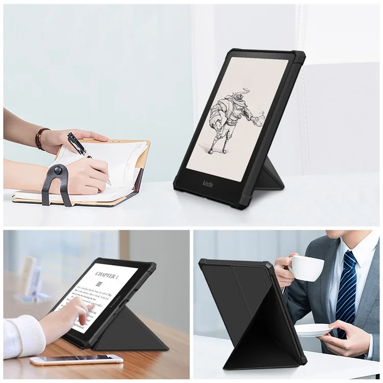 For Amazon Kindle Paperwhite (2021) Origami Dual-Angle Stand Design Smart Wake/Sleep Case Magnetic Absorbing - Black