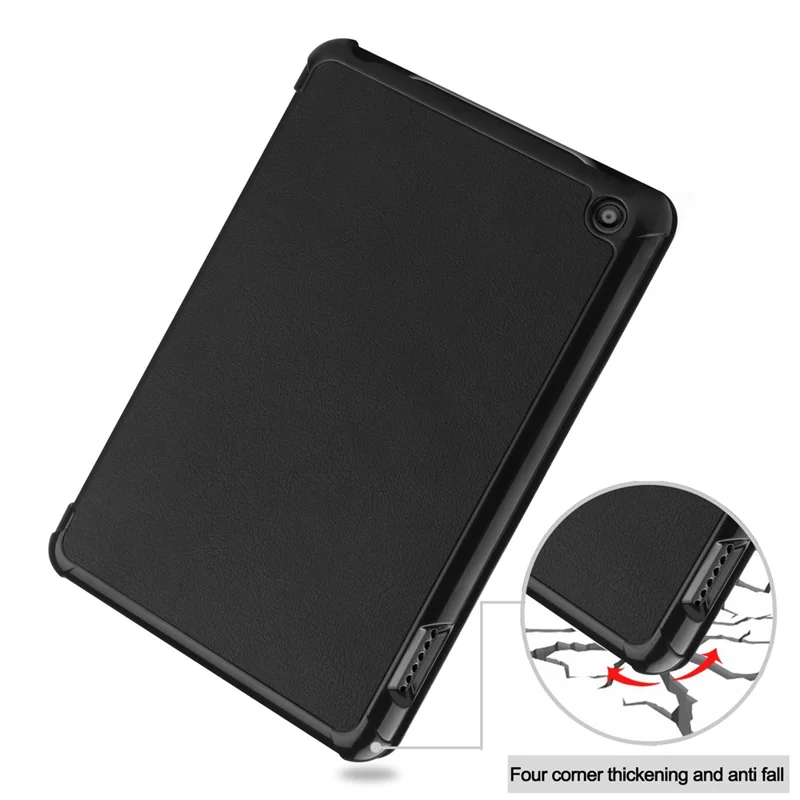 For Amazon Fire 7 (2022) Tri-fold Stand PU Leather Tablet Case Thickened Corner Anti-drop Protective Cover with Auto Wake/Sleep - Black