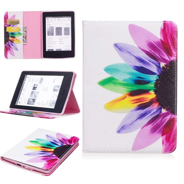 Pattern Printing Leather Wallet Case Stand for Amazon Kindle Paperwhite 3/2/1 - Colorful Petals