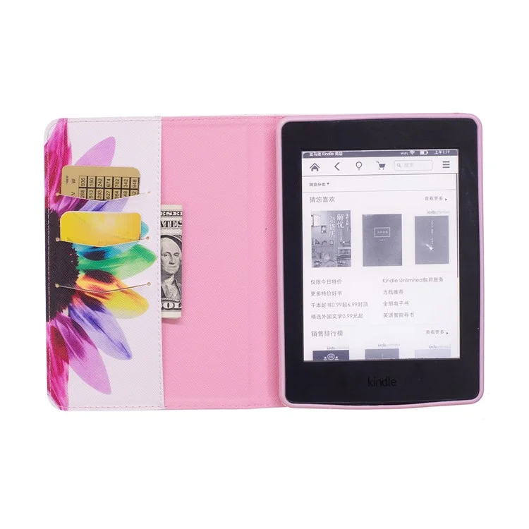 Pattern Printing Leather Wallet Case Stand for Amazon Kindle Paperwhite 3/2/1 - Colorful Petals